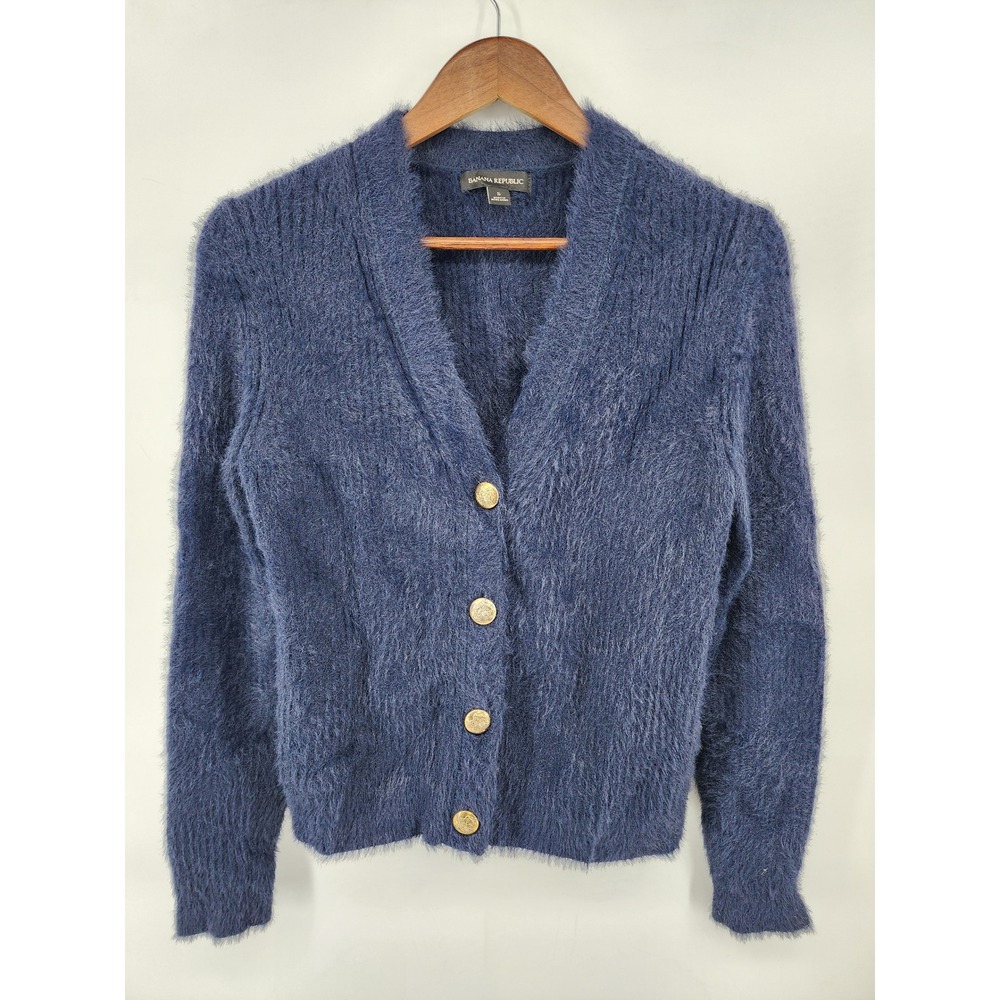 Banana Republic Blue Fuzzy Mohair Style Cardigan Gold Crest Buttons Size S